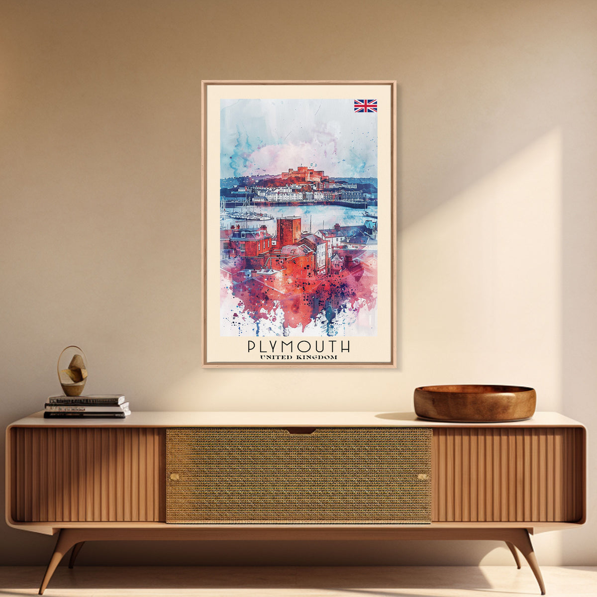 Plymouth United Kingdom Travel Poster Framed Canvas Print, Watercolor Painting, Coastal Wall Art, Home Decor, British Seaside, Modern Decor