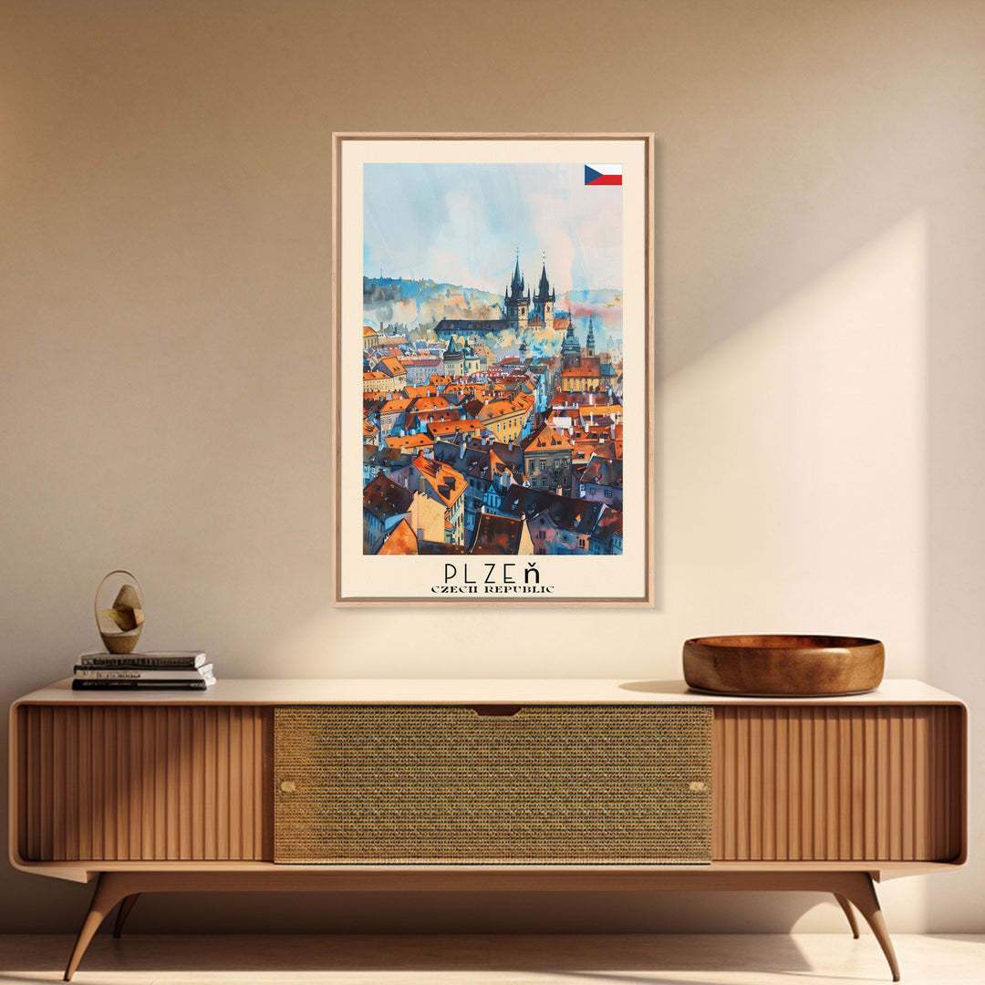 Plzen Czech Republic Travel Poster Framed Canvas Print, Watercolor Painting, Scenic Wall Art, Home Decor, Czech Cityscape, Modern Decor