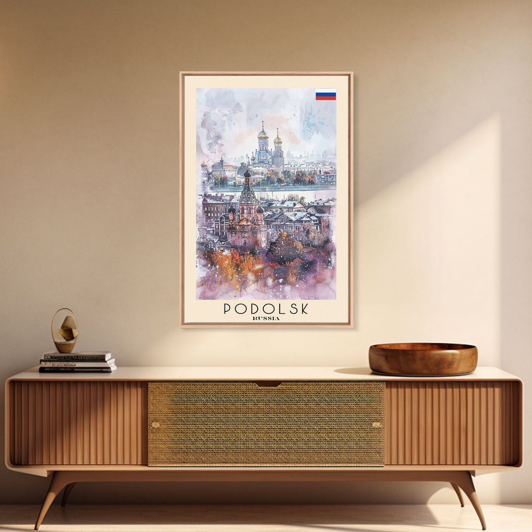 Podolsk Russia Travel Poster Framed Canvas Print, Watercolor Painting, Urban Wall Art, Home Decor, Russian Cityscape, Contemporary Art