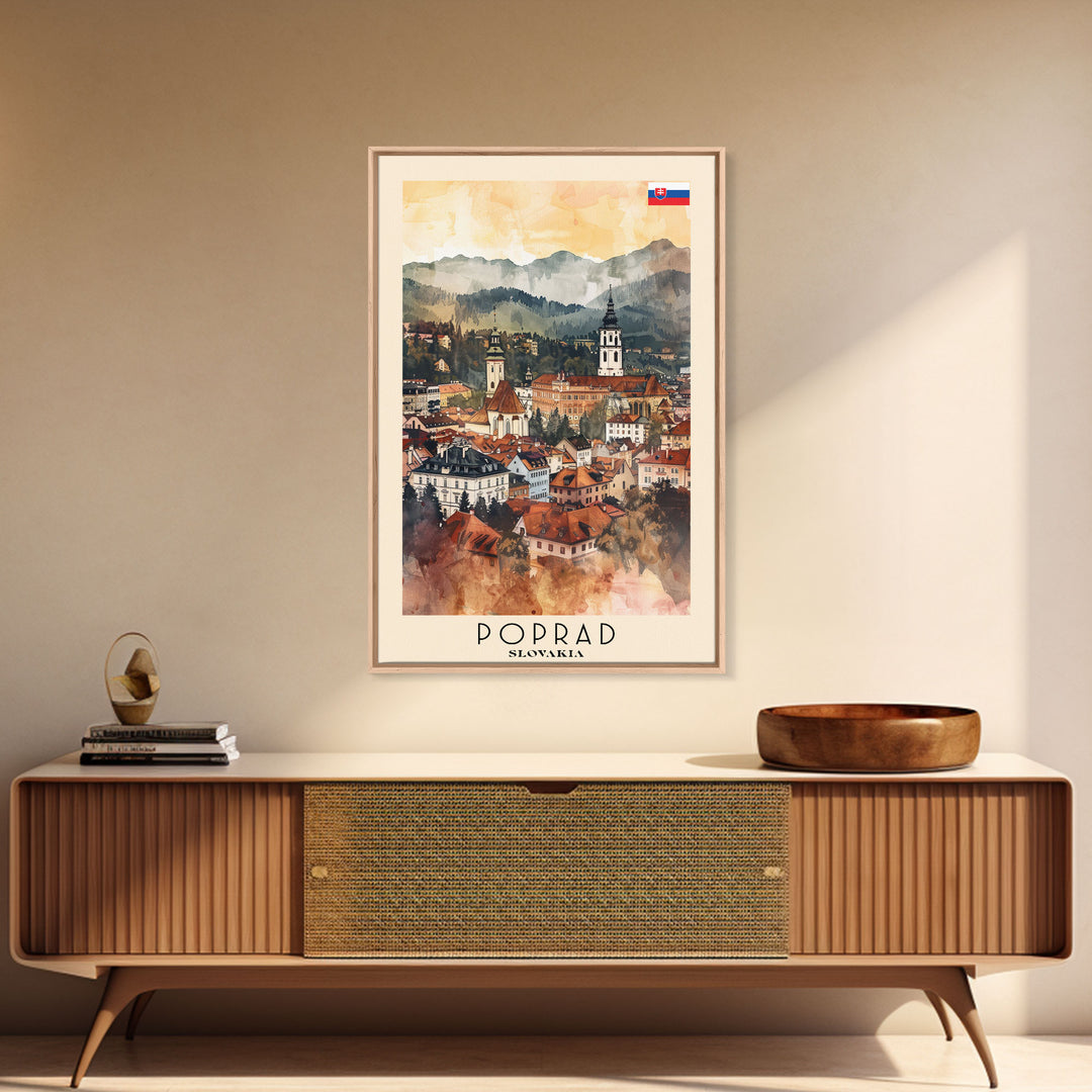 Poprad Slovakia Travel Poster Framed Canvas Print, Watercolor Painting, Scenic Wall Art, Home Decor, Slovakian Landscape, Classic Art