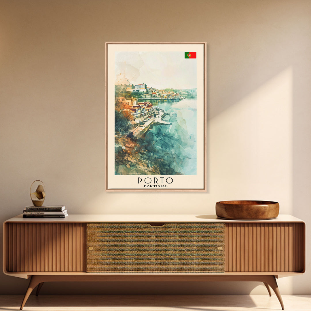 Porto Portugal Travel Poster Framed Canvas Print, Watercolor Painting, Coastal Wall Art, Home Decor, Portuguese Seaside, Vibrant Art
