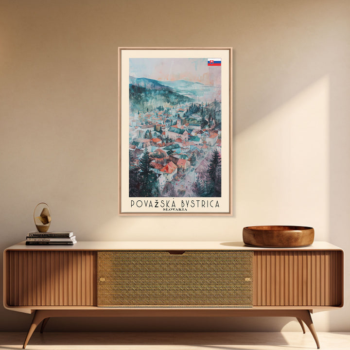 Povazska Bystrica Slovakia Travel Poster Framed Canvas Print, Watercolor Painting, Scenic Wall Art, Home Decor, Slovakian Landscape, Modern Decor