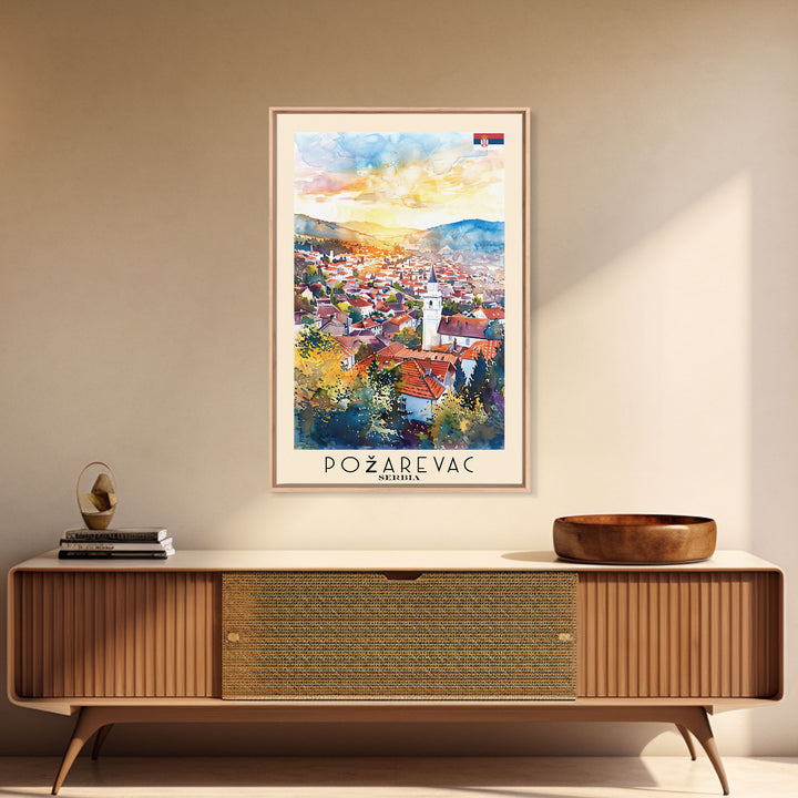 Pozega Serbia Travel Poster Framed Canvas Print, Watercolor Painting, Scenic Wall Art, Home Decor, Serbian Landscape, Classic Art