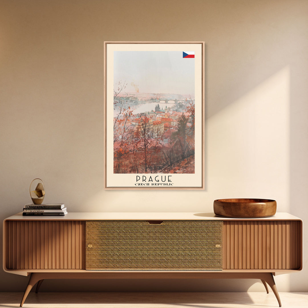 Prague Czech Republic Travel Poster Framed Canvas Print, Watercolor Painting, Historic Wall Art, Home Decor, Czech Architecture, Classic Decor