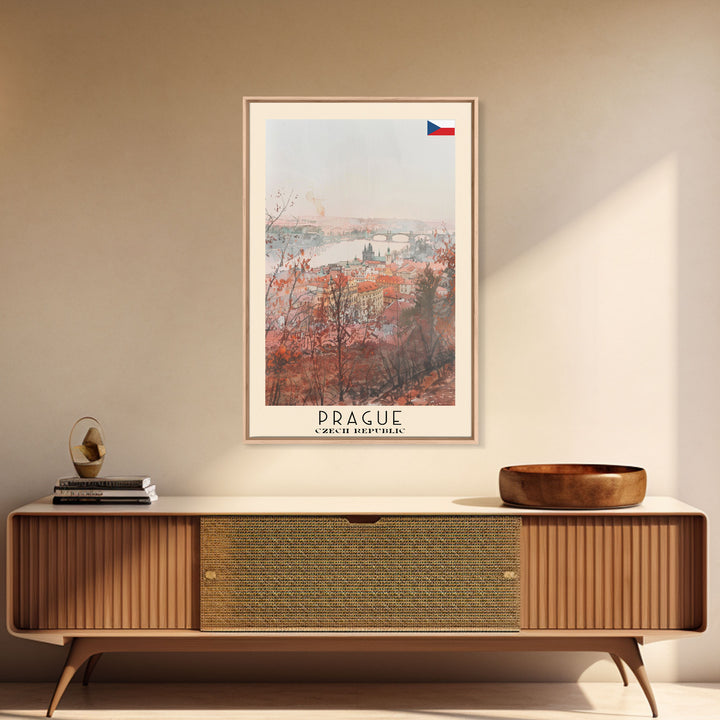 Prague Czech Republic Travel Poster Framed Canvas Print, Watercolor Painting, Historic Wall Art, Home Decor, Czech Architecture, Classic Decor