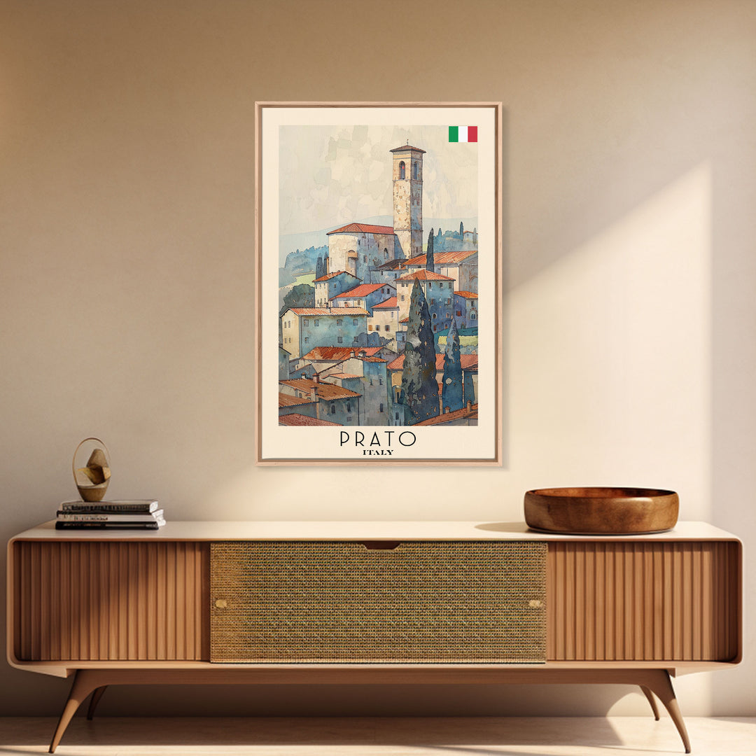 Prato Italy Travel Poster Framed Canvas Print, Watercolor Painting, Scenic Wall Art, Home Decor, Italian Landscape, Vibrant Art