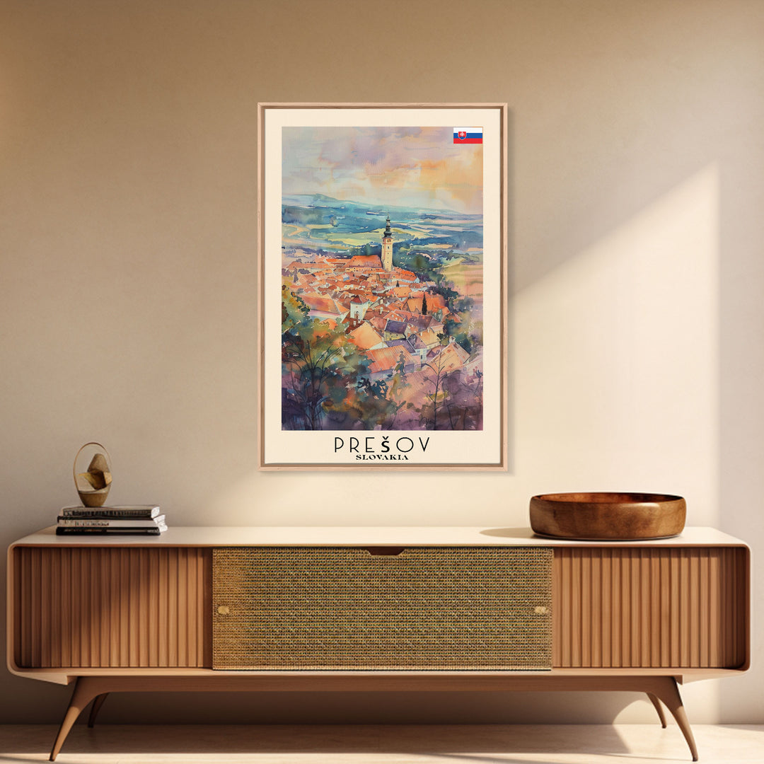 Presov Slovakia Travel Poster Framed Canvas Print, Watercolor Painting, Scenic Wall Art, Home Decor, Slovakian Cityscape, Artistic Decor