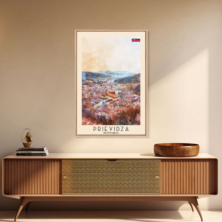 Prievidza Slovakia Travel Poster Framed Canvas Print, Watercolor Painting, Scenic Wall Art, Home Decor, Slovakian Landscape, Modern Art