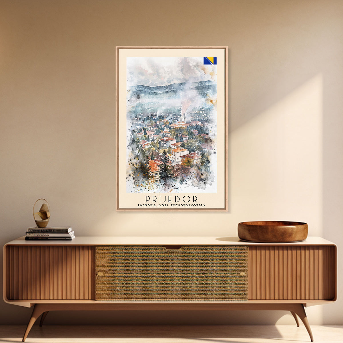 Prijedor Bosnia and Herzegovina Travel Poster Framed Canvas Print, Watercolor Painting, Scenic Wall Art, Home Decor, Bosnian Cityscape, Classic Art