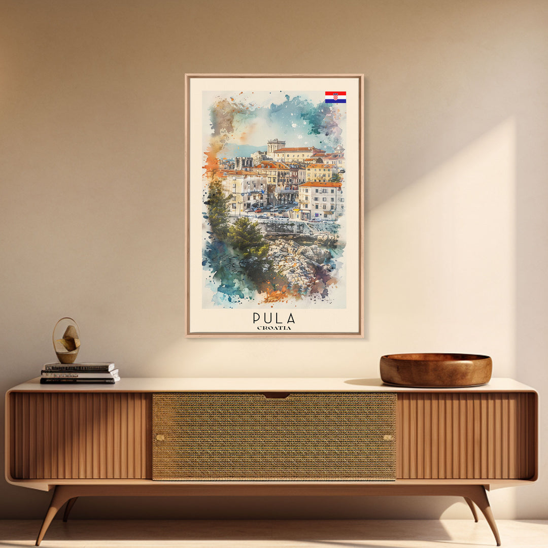 Pula Croatia Travel Poster Framed Canvas Print, Watercolor Painting, Coastal Wall Art, Home Decor, Croatian Seaside, Vibrant Decor