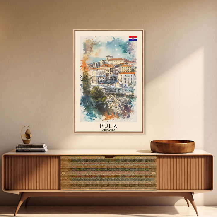 Pula Croatia Travel Poster Framed Canvas Print, Watercolor Painting, Coastal Wall Art, Home Decor, Croatian Seaside, Vibrant Decor
