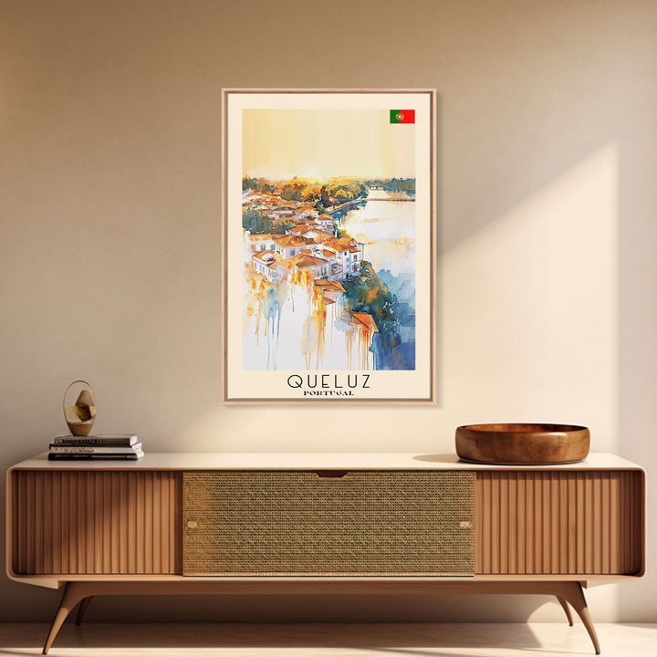 Queluz Portugal Travel Poster Framed Canvas Print, Watercolor Painting, Scenic Wall Art, Home Decor, Portuguese Landscape, Artistic Art