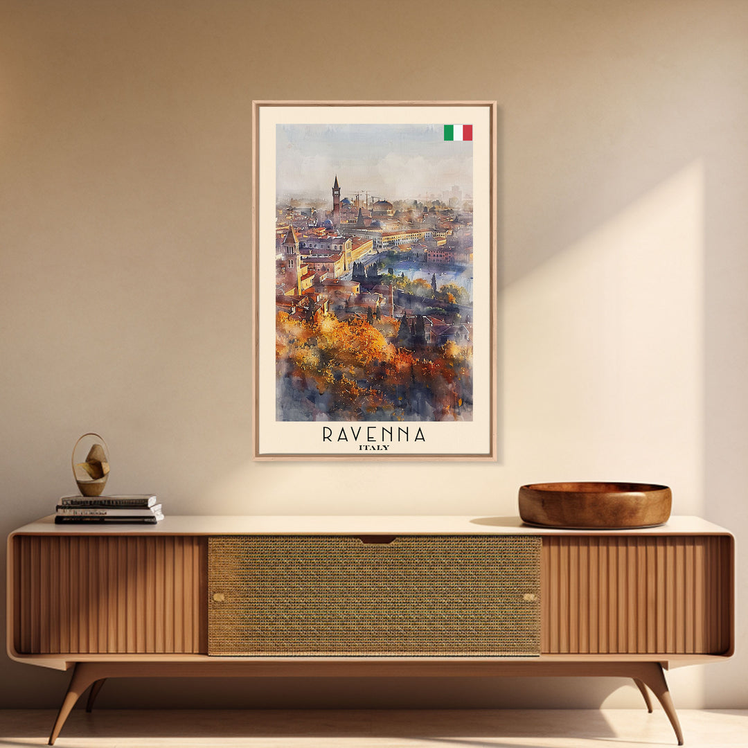 Ravenna Italy Travel Poster Framed Canvas Print, Watercolor Painting, Scenic Wall Art, Home Decor, Italian Cityscape, Historic Art