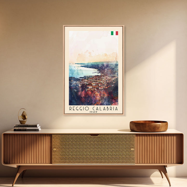 Reggio Calabria Italy Travel Poster Framed Canvas Print, Watercolor Painting, Coastal Wall Art, Home Decor, Italian Seaside, Vibrant Decor
