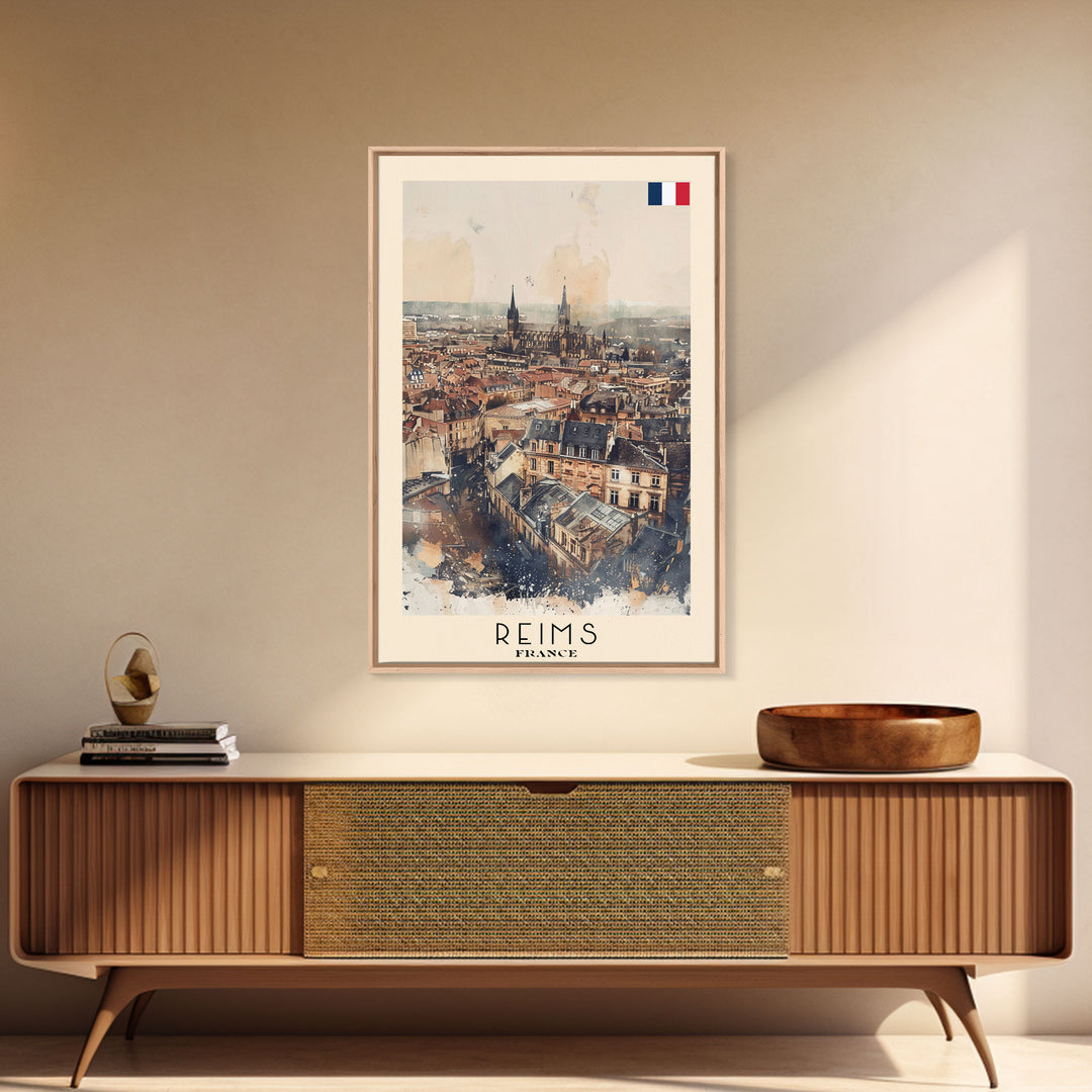 Reims France Travel Poster Framed Canvas Print, Watercolor Painting, Historic Wall Art, Home Decor, French Architecture, Classic Art