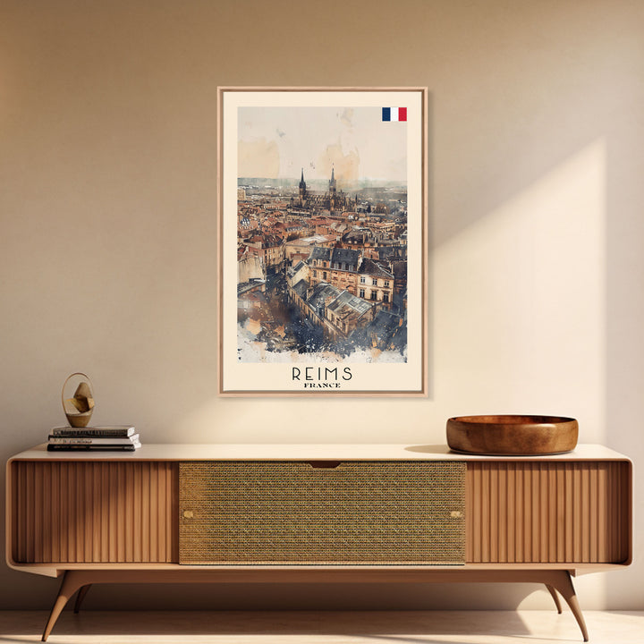 Reims France Travel Poster Framed Canvas Print, Watercolor Painting, Historic Wall Art, Home Decor, French Architecture, Classic Art