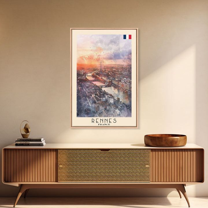 Rennes France Travel Poster Framed Canvas Print, Watercolor Painting, Scenic Wall Art, Home Decor, French Cityscape, Modern Decor