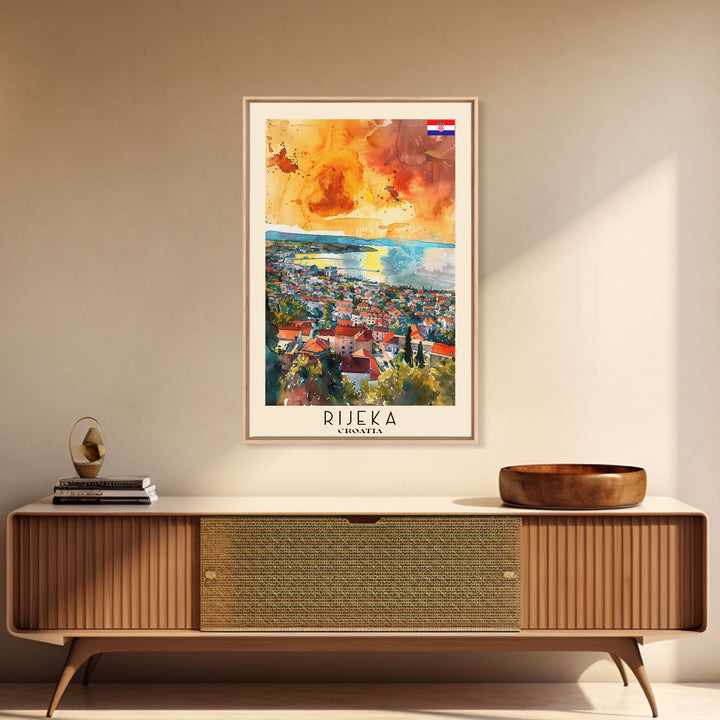 Rijeka Croatia Travel Poster Framed Canvas Print, Watercolor Painting, Coastal Wall Art, Home Decor, Croatian Seaside, Modern Art