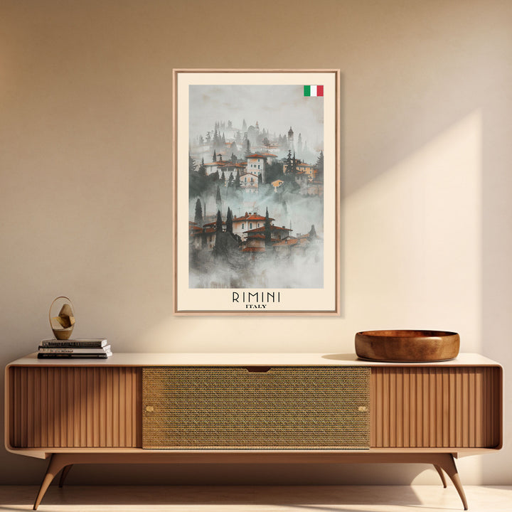 Rimini Italy Travel Poster Framed Canvas Print, Watercolor Painting, Coastal Wall Art, Home Decor, Italian Beach Scene, Vibrant Art