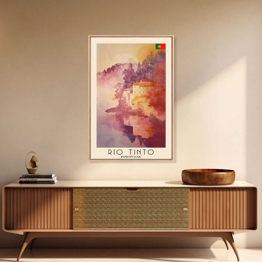 Rio Tinto Portugal Travel Poster Framed Canvas Print, Watercolor Painting, Scenic Wall Art, Home Decor, Portuguese Landscape, Artistic Decor