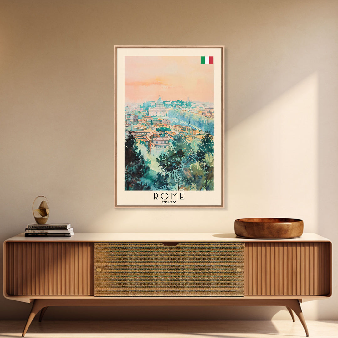 Rome Italy Travel Poster Framed Canvas Print, Watercolor Painting, Historic Wall Art, Home Decor, Italian Cityscape, Classic Art