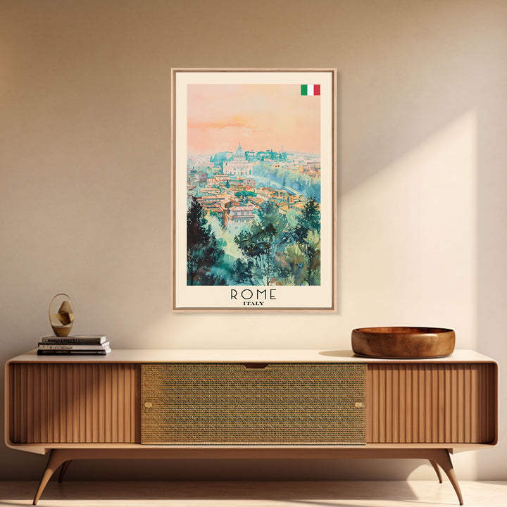 Rome Italy Travel Poster Framed Canvas Print, Watercolor Painting, Historic Wall Art, Home Decor, Italian Cityscape, Classic Art