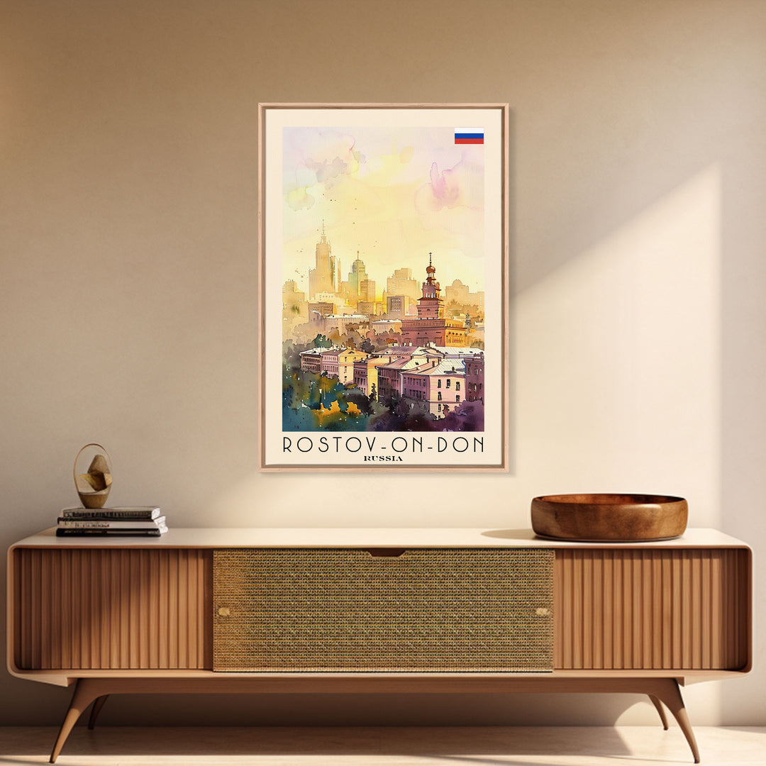 Rostov-on-Don Russia Travel Poster Framed Canvas Print, Watercolor Painting, Urban Wall Art, Home Decor, Russian Cityscape, Vibrant Art