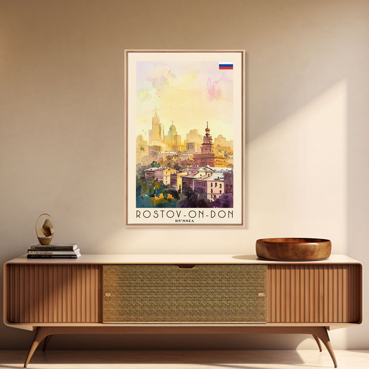 Rostov-on-Don Russia Travel Poster Framed Canvas Print, Watercolor Painting, Urban Wall Art, Home Decor, Russian Cityscape, Vibrant Art