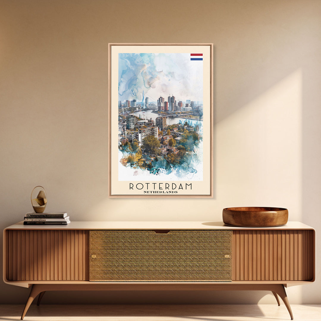 Rotterdam Netherlands Travel Poster Framed Canvas Print, Watercolor Painting, Urban Wall Art, Home Decor, Dutch Cityscape, Artistic Decor