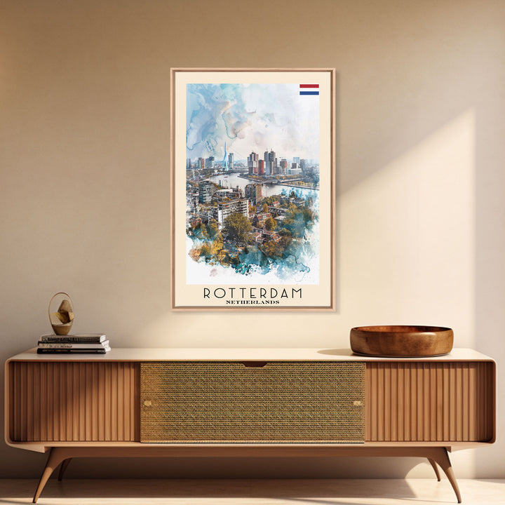 Rotterdam Netherlands Travel Poster Framed Canvas Print, Watercolor Painting, Urban Wall Art, Home Decor, Dutch Cityscape, Artistic Decor