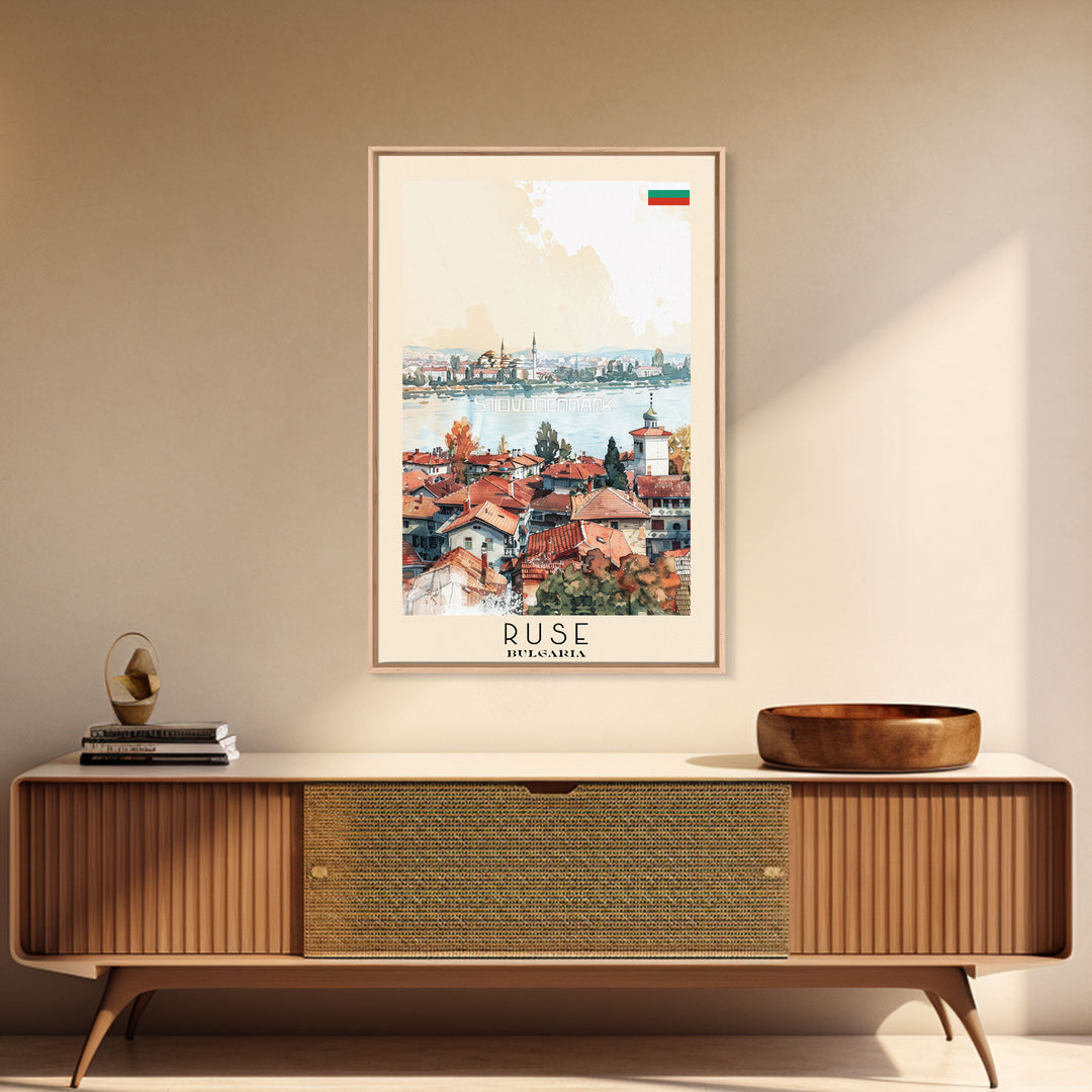 Ruse Bulgaria Travel Poster Framed Canvas Print, Watercolor Painting, Scenic Wall Art, Home Decor, Bulgarian Landscape, Classic Art