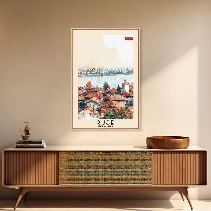 Ruse Bulgaria Travel Poster Framed Canvas Print, Watercolor Painting, Scenic Wall Art, Home Decor, Bulgarian Landscape, Classic Art