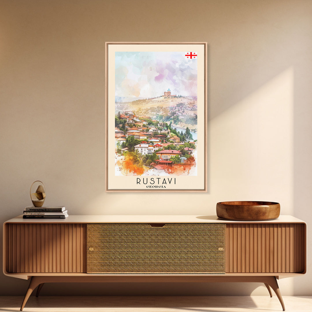 Rustavi Georgia Travel Poster Framed Canvas Print, Watercolor Painting, Scenic Wall Art, Home Decor, Georgian Landscape, Vibrant Decor