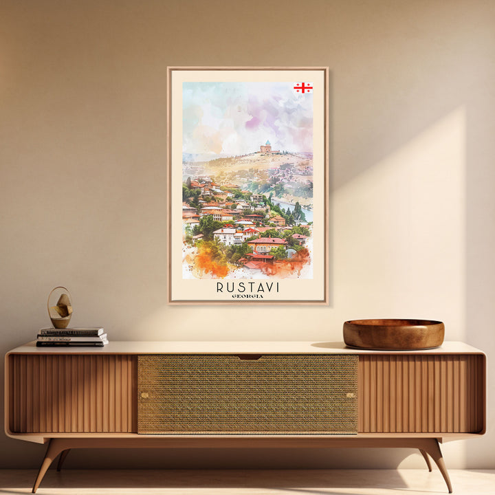 Rustavi Georgia Travel Poster Framed Canvas Print, Watercolor Painting, Scenic Wall Art, Home Decor, Georgian Landscape, Vibrant Decor