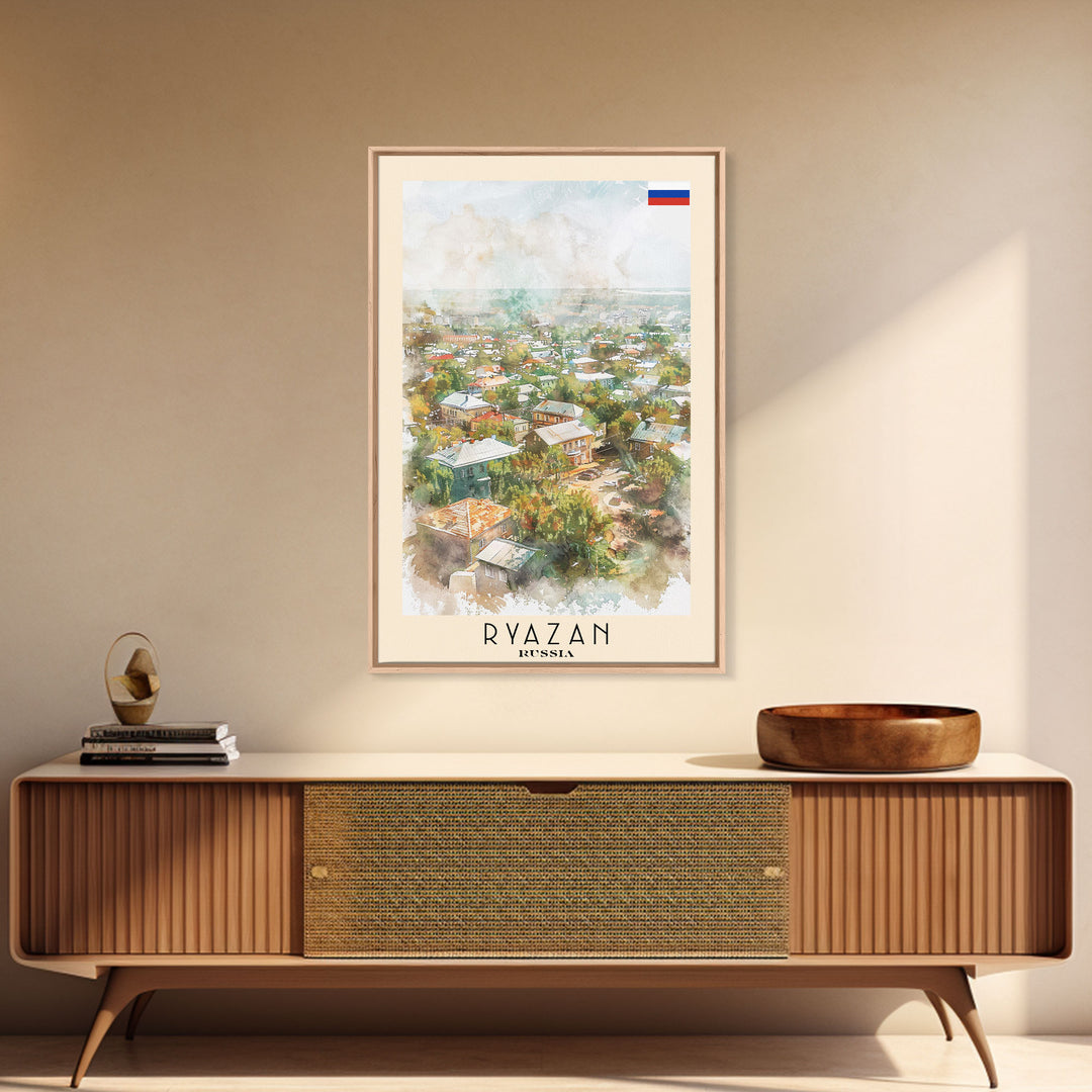Ryazan Russia Travel Poster Framed Canvas Print, Watercolor Painting, Scenic Wall Art, Home Decor, Russian Cityscape, Modern Art