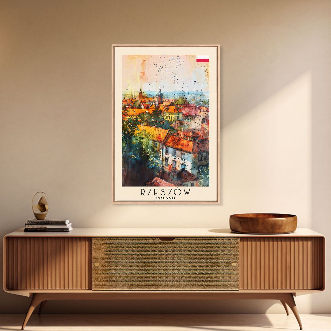 Rzeszow Poland Travel Poster Framed Canvas Print, Watercolor Painting, Urban Wall Art, Home Decor, Polish Cityscape, Classic Decor