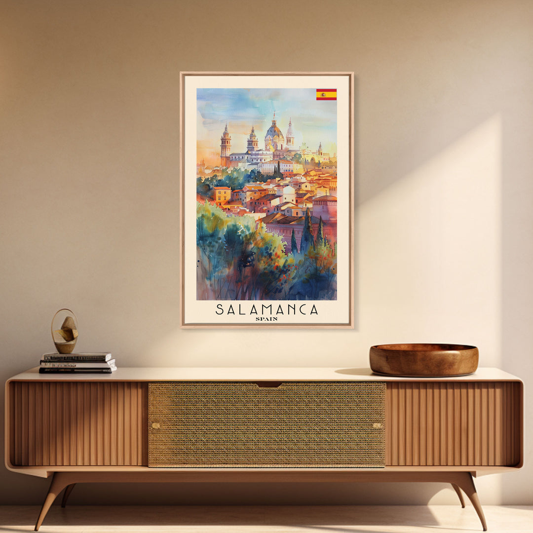Salamanca Spain Travel Poster Framed Canvas Print, Watercolor Painting, Scenic Wall Art, Home Decor, Spanish Cityscape, Artistic Decor
