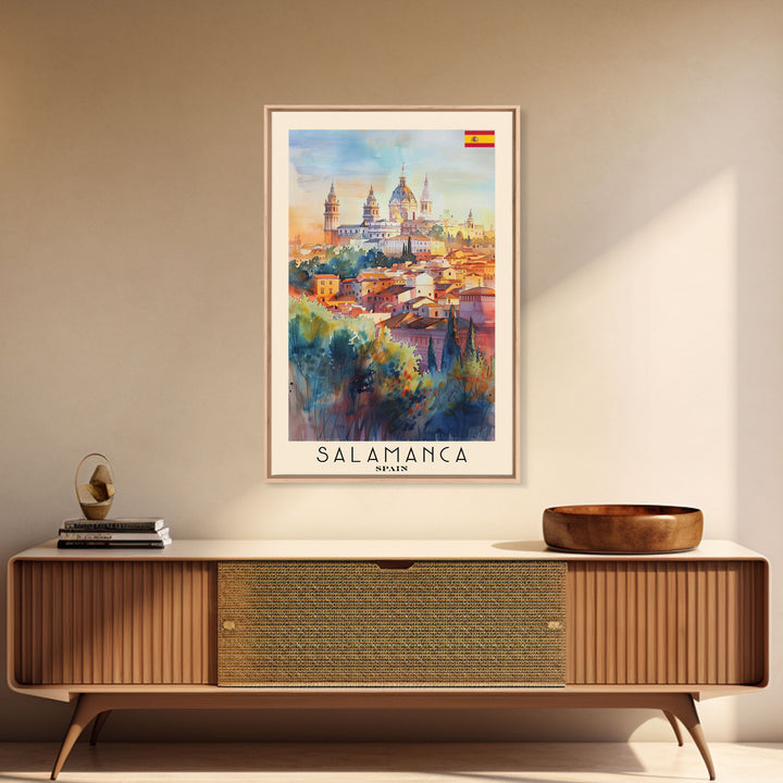 Salamanca Spain Travel Poster Framed Canvas Print, Watercolor Painting, Scenic Wall Art, Home Decor, Spanish Cityscape, Artistic Decor