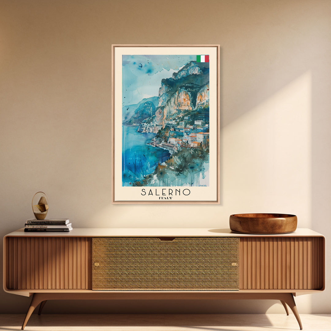 Salerno Italy Travel Poster Framed Canvas Print, Watercolor Painting, Coastal Wall Art, Home Decor, Italian Seaside, Modern Art