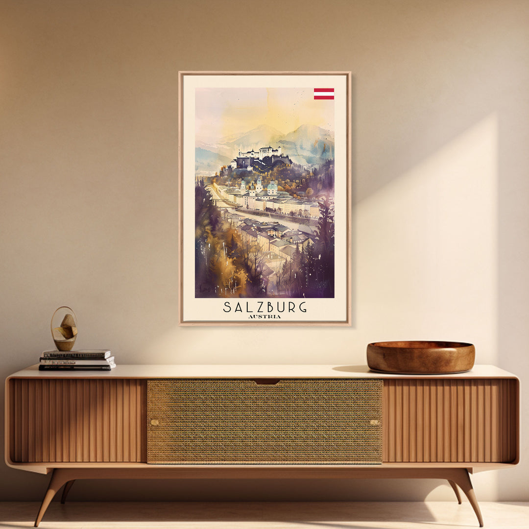 Salzburg Austria Travel Poster Framed Canvas Print, Watercolor Painting, Historic Wall Art, Home Decor, Austrian Architecture, Classic Decor