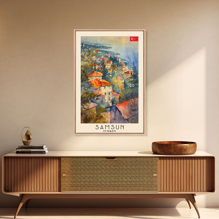 Samsun Turkey Travel Poster Framed Canvas Print, Watercolor Painting, Coastal Wall Art, Home Decor, Turkish Seaside, Modern Decor