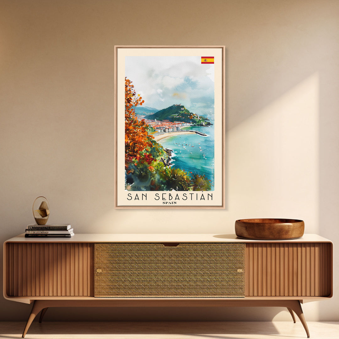 San Sebastian Spain Travel Poster Framed Canvas Print, Watercolor Painting, Coastal Wall Art, Home Decor, Spanish Seaside, Vibrant Art