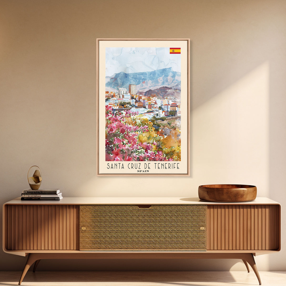 Santa Cruz de Tenerife Spain Travel Poster Framed Canvas Print, Watercolor Painting, Scenic Wall Art, Home Decor, Spanish Landscape, Modern Art