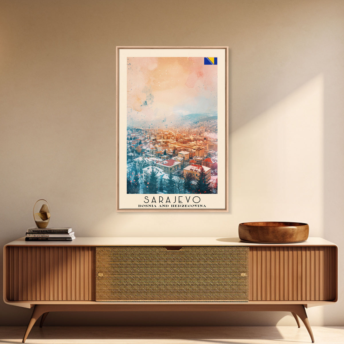 Sarajevo Bosnia and Herzegovina Travel Poster Framed Canvas Print, Watercolor Painting, Historic Wall Art, Home Decor, Bosnian Cityscape, Classic Art