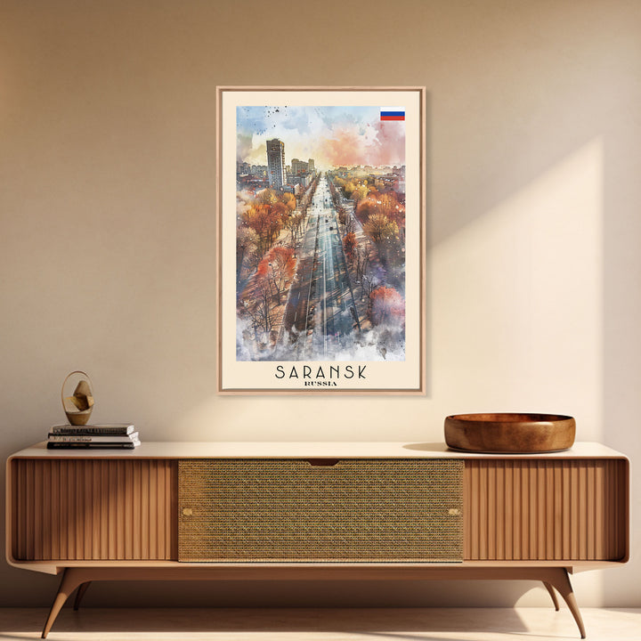 Saransk Russia Travel Poster Framed Canvas Print, Watercolor Painting, Urban Wall Art, Home Decor, Russian Cityscape, Modern Decor