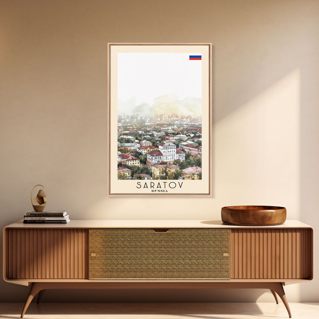 Saratov Russia Travel Poster Framed Canvas Print, Watercolor Painting, Scenic Wall Art, Home Decor, Russian Landscape, Vibrant Decor
