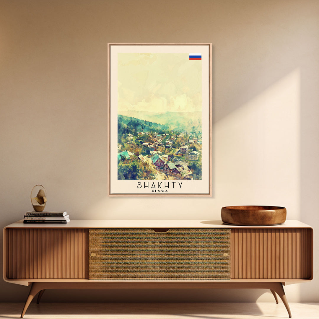 Shakhty Russia Travel Poster Framed Canvas Print, Watercolor Painting, Urban Wall Art, Home Decor, Russian Cityscape, Modern Art