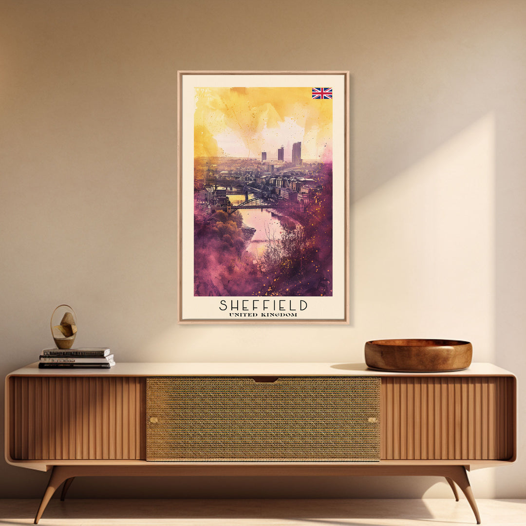 Sheffield United Kingdom Travel Poster Framed Canvas Print, Watercolor Painting, Urban Wall Art, Home Decor, British Cityscape, Artistic Decor