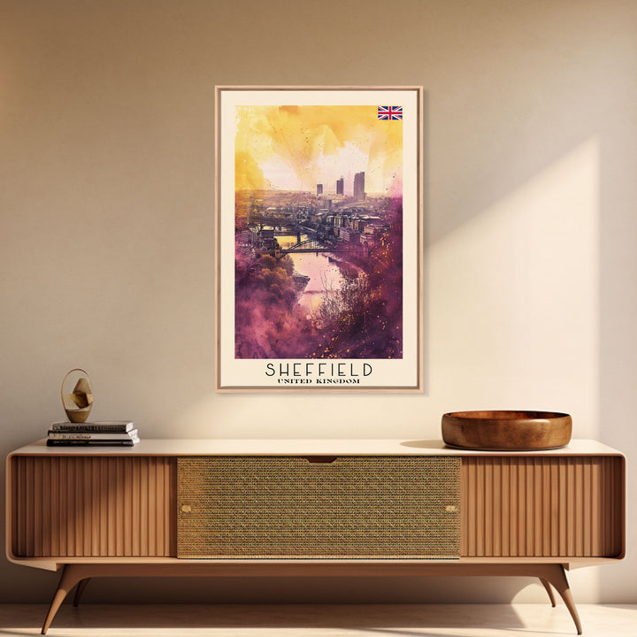 Sheffield United Kingdom Travel Poster Framed Canvas Print, Watercolor Painting, Urban Wall Art, Home Decor, British Cityscape, Artistic Decor