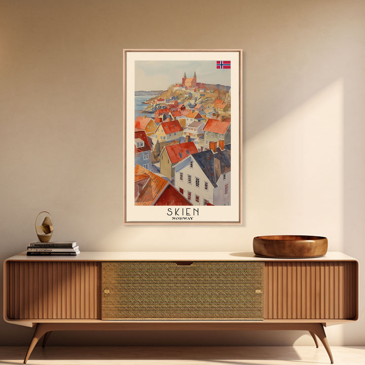 Skien Norway Travel Poster Framed Canvas Print, Watercolor Painting, Scenic Wall Art, Home Decor, Norwegian Landscape, Vibrant Art